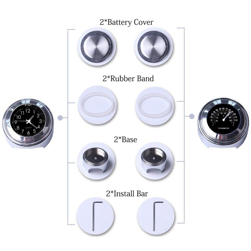 TESWNE7/8 1" Motorcycle Handlebar Chrome White Dial Clock and Thermometer