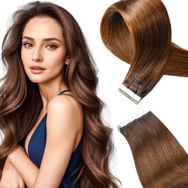 Qingliang Tape in Hair Extensions Human Hair Medium Brown 14 inch 20Pcs 40g/pack Invisible Straight Seamless Skin Weft Remy Hair Extensions Silky Tape Hair Extensions
