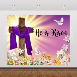 He is Risen Backdrop Easter Decorations Banner Jesus Cross Resurrection Religious Background for Spring Easter Party Supplies 10x8ft