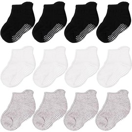 CozyWay Non-Slip Ankle Style Socks Baby Socks Toddler Socks with Grippers, 12 Pack for Baby Boys and Girls, Black White and Gray, 3-5 Years