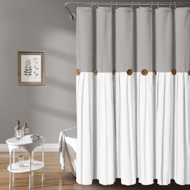 Linen Button Farmhouse Beige Shower Curtain,Linen and Cotton Woven Fabric,Pleated Brown Stripe,Country Style - Color: Grey & White, Size: 84"L x 72"W
