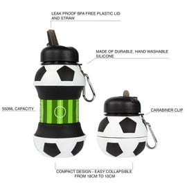 Fringoo Faltbare Silikon-Trinkflasche für Kinder 500 ml mit Karabinerhaken, auslaufsicher, BPA-frei, Reise-, Sport-Trinkflasche, Kinder, fußball, 550 ml - 19 oz