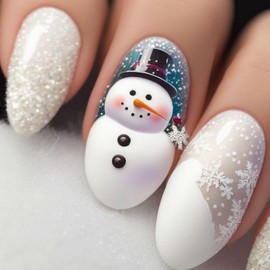 Christmas Winter Press on Nails Medium Almond Fake Nails Full Cover White Snowflake Snowman with Designs Glossy Xmas False Nails Stick on Nails Acrylic Nails for Women Nails Manicure Decoration 24 Pcs