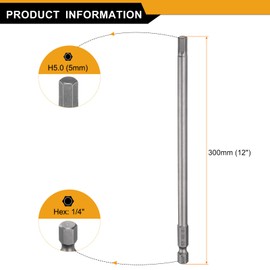 sourcing map H5.0 Hex Head Drill Bit Wrench 5mm Metric Flat Tip 1/4" Hex Shank 300mm (12") Long Magnetic Hexagonal Screw Driver Socket Industrial Screwdriver Power Bits