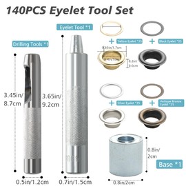 Annickee Eyelet Set, 10 mm Eyelet Pliers Kit, Eyelet Tool Kit Including Hole Tool, Mounting Tool, Base, Eyelet Pliers, Metal Eyelets, Eyelet Set for Tarpaulin/Leather/Fabric/Curtain (140 Pieces in 4