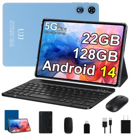 UJJ 2025 Android 14 Tablet 22GB RAM 128GB ROM 1TB Expand, 10 inch Tablets with Keyboard Mouse, Octa-Core, 8000mAh Battery, HD IPS Display, 5G WiFi, BT 5.0, GPS, Widevine L1, Split Screen - Metal Blue