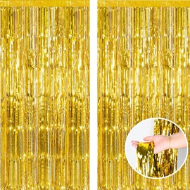 chenqi 2pcs 3.2ft x 6.5ft Foil Fringe Curtain Door Curtains, Metallic Tinsel Curtains Streamers for Birthday Graduation Wedding Engagement Bridal Shower Bachelorette Holiday Party Decoration (Gold)