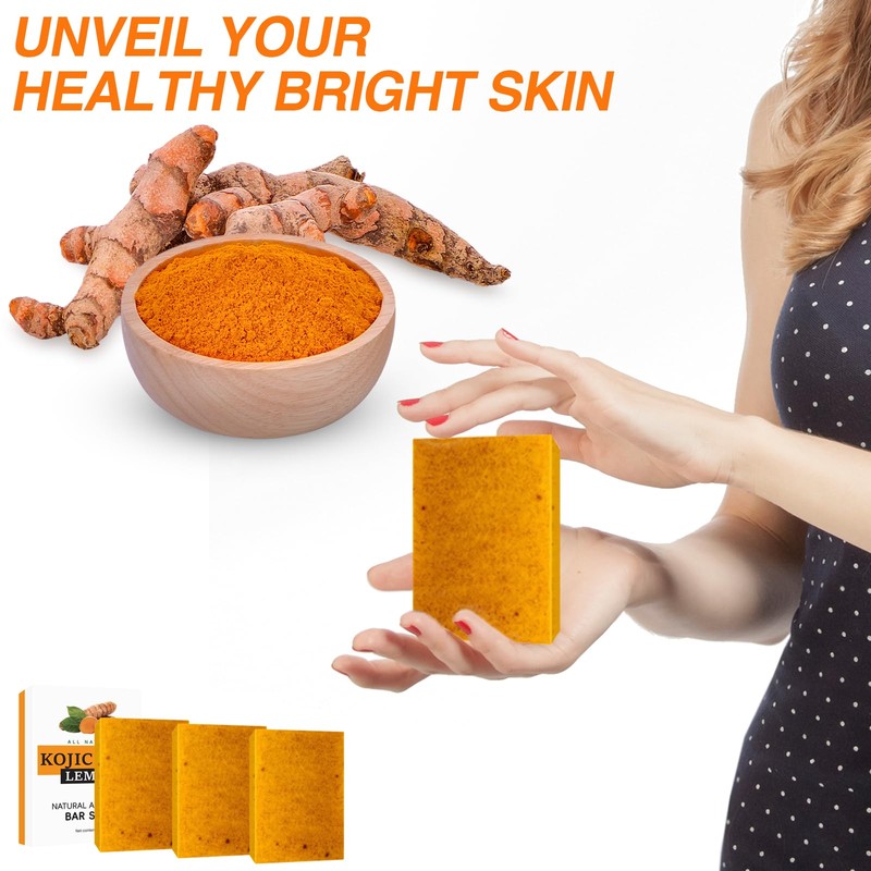 Asheyya 3 Pcs Kojic Acid Soap, Handmade Organic Lemon Turmeric