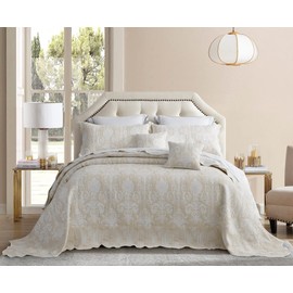 Blythease Oversized King Bedspread 128x120 Extra Wide, Jacquard Matelasse Damask Pattern Design, Lightweight, Reversible, 5 Piece, 100% Microfiber, King/Cal King, Ivory