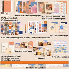 295Pcs Aesthetic Scrapbook Kit, BetterJonny Vintage Scrapbook Journaling with A6 Grid Notebook Washi Paper Stickers Orange Art Journaling Scrapbooking Supplies for DIY Arts Crafts Collage Decorative