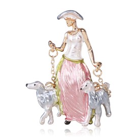 Funny Dog-Walking Modern Girl Brooch Pin For Women Lady Fashion Animal Pet Scarf Shawl Lapel Pins Clip Dainty Cute Badge Corsage Clothes Accessories Elegant Wedding Party Graduation Jewelry Gifts (Pink)