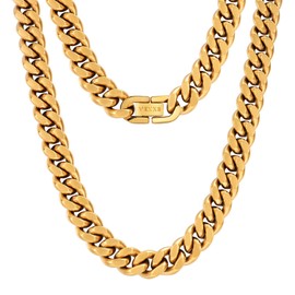 VEXXS Cuban Chain Necklace,Flat Curb Chain for Men, 10/12mm 18K Real Gold Plated Gold Chain, Durable No Color Fading Men’s Necklace Chain Street Wear Hip Pop Urban Fashion Mens Jewelry Gift