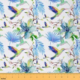 Hummingbird Palm Tree Upholstery Fabric - Tropical Floral Decorative, Hawaiian Indoor Outdoor, Boho Animal Botanical DIY Art Waterproof, Blue Green, 1 Yard