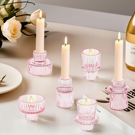 Singring Tealight Candle Holder, Taper Glass Candle Holders for Wedding Table Centerpieces, Candlestick Holders Set of 6, Tea Lights Candle Holder for Birthday, Dinner Party, Home Decor (Pink)