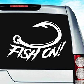 Fish On Fishing Hook Vinyl Decal Sticker Bumper Cling for Car Truck Window Laptop Wall Cooler Tumbler | Die-Cut/No Background | Multi Sizes/Colors, 8-Inch, White