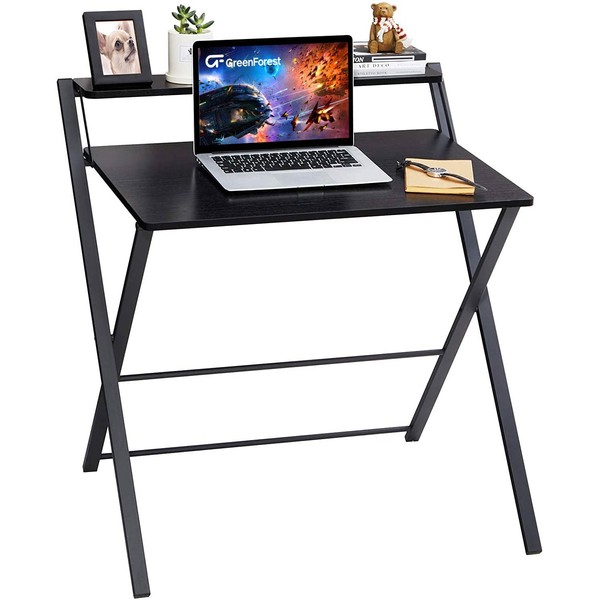 GreenForest Folding Desk No Assembly Required Fully Unfold 32 x 24.5 inch, Small Computer Desk with 2-Tier Shelf Laptop Foldable Table for Small Spaces, Black