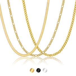 KLIFOWDY 3 Pieces Chains for Men Silver/Black/Gold Men's Necklace, 316L Solid Cuban Stainless Steel Hypoallergenic Chain and Men's Chain Jewellery Gifts 40/45/50/55/60 cm, Stainless Steel