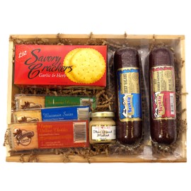 Gift Basket Village Gourmet Meat and Cheddar Cheese Gift Crate - Perfect Birthday Gifts for Men, Ideal for Charcuterie Boards, Includes Salami, Sausage, Cheese Bars, Crackers, Mustard