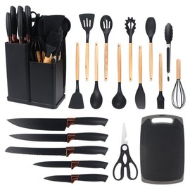 Henlutuo 19‑Piece Silicone Kitchen Utensil Set, Heat‑Resistant Non‑Scratch Cooking Tools, Stainless Steel Knives with Silicone Handles, Includes Storage Holder (Black)