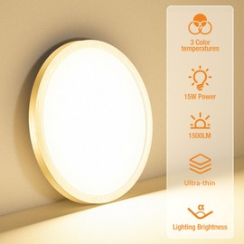 slochi LED Flush Mount Ceiling Light Fixture, 3000K-4000K-6500K & 100W Equivalent Modern Kitchen Recessed Ceiling Lamp 15W 1500Lm 7.5 Inch Closet Round Surface for Bathroom Laundry-Gold