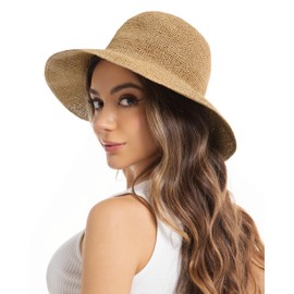 Women’s Packable Straw Floppy Beach Hat – Wide Brim Crochet Bucket Sun Hat for Summer (US, Alpha, One Size, Khaki)