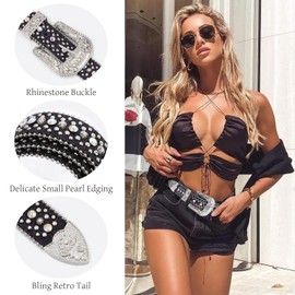 LALATCH Rhinestone Belt for Men Women, Cowboy Cowgirl Belt Bling Western Belt Diamond Leather Belt for Jeans Pants, Silvery Rhinestone/Black