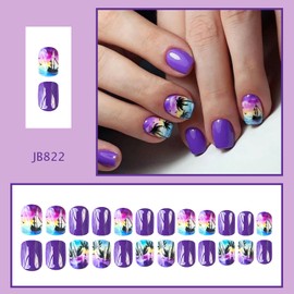 24Pcs Summer Press on Nails Purple Short Fake Nails Tropical Palm Tree Stick on Nails Full Cover Square Acrylic Nails Cute Glue on Nails Short Length Artificial Nails Coconut Tree False Nail for Women