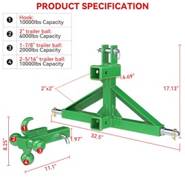 Green 3 Point Hitch Receiver Dual 2” Receiver with Tri-Ball & Hook, Heavy-Duty 3 Point Quick Hitch Category 1, 3 Point Hitch Attachments Fit Gooseneck, 5th Wheel & Ball Hitch, Fit Category 1 Tractors