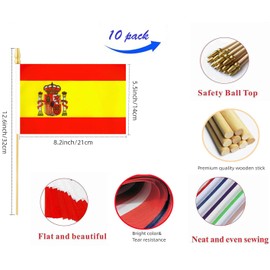 10 Pack Spain Flags - ES Handheld Flag- 5x8 in,Spanish Mini Flag. Suitable For Party Decorations, Store Displays, Bar Decorations And National Day Parades.