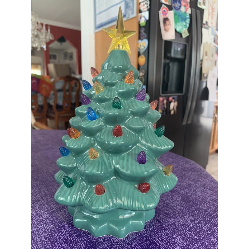Ceramic Christmas Tree Large Green Tabletop Tree Multicolored Lights 11"