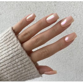 Aurora Pink Chrome Press on Nails Short Square,SXVME Glazed Nail Fake Nails Medium Plating Mirror Metal Acrylic Nails,False Nails Metallic Nails Press ons Medium Length,Shiny Nail Glue on in 24PCS