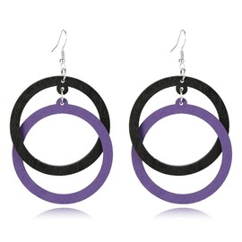 Bohemian Unique Handmade Wooden Hoop Splicing Earrings Retro Statement Colorful Contrast Wood Geometric Lightweight Dangle Drop Earrings for Women (Balck Purple Hollow Earring)
