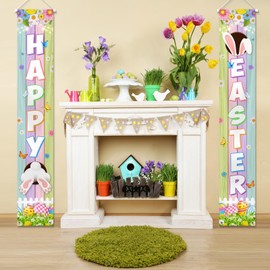Happy Easter Porch Banner Bunny Egg Rabbit Daisy Party Front Door Decorations for the Home Wall Indoor Outdoor Party Supplies
