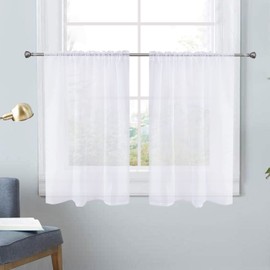 SpaceDresser White Kitchen Sheer Valance Curtains 30 Inch, Voile Sheer Cafe Curtains for Bathroom Farmhouse Country Light Filtering Short Window Curtain 1 Pair 2 Panels(White,26 W x 30 L)
