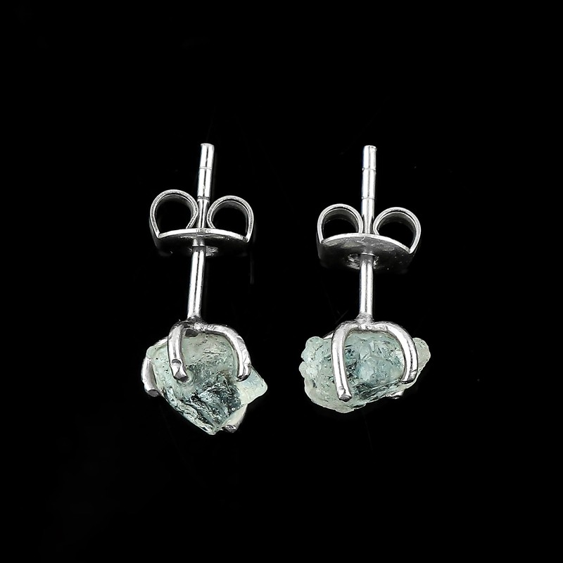 Natural Blue Aquamarine Studs Earring Pair for Women, Gemstone Crystal,