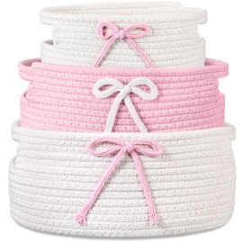 Breling 3 Pieces Coquette Bow Laundry Hamper Cotton Rope Storage Basket Bow Woven Gift Baskets Rope Bin with Handles for Decoration Organization Storage for Nursery, Pet Toy Basket(Pink, White)