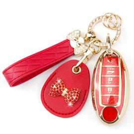 Rayslesan Key Fob Cover with Leather Holder Compatible with Airtag/RFID,Compatible with Nissan Altima Armada Murano Pathfinder Rogue Sentra,RFID Protector,Car Key Accessories(5-Button, Gold Red)