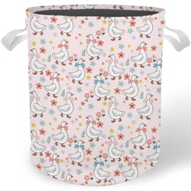 Cilrii Pink Floral Goose Nursery Laundry Basket, Coquette Bow Cute Goose Laundry Basket Hamper Waterproof Collapsible Clothes Toys Storage Bin for Bedroom Bathroom Kids Room, Toybox for Girls