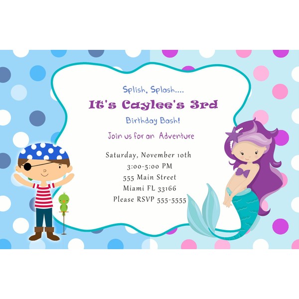 30 Invitations Pirate Mermaid Girl Birthday Personalized Cards Photo Paper