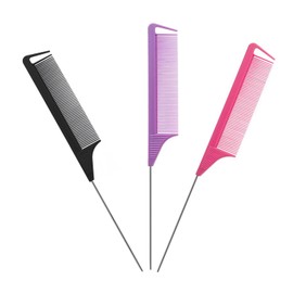 Professional Long Metal Pin Rat Tail ABS Heat-Resistant Comb, Tangle Teaser 3Pc Set Salon Stylist Hairbrush, High-End Women Curl Part Section Fine Kames, BlackPurpleRoseRed