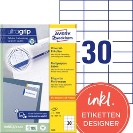 Avery Zweckform 3489 Universal Labels 100 Sheets 3,000 Labels 70 x 29.7 mm White