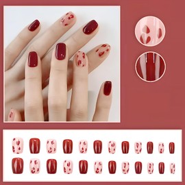 [ALLEVG] Nail Tips, Red, 24 Pieces, Nail Tips, Short, Autumn, Winter, Popular, Japanese Style, Cute, Simple, Stylish, Coming of Age Ceremonies, School Entrance Ceremonies, Graduation Ceremonies,