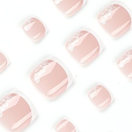 SHANRUN White Flower Press on Toenails French Tips Fake Toe Nails Short Nude Square Toe Nail Press Ons Tips Floral Designs Full Cover Glue on Toenails Summer Acrylic False Toe Nails for Women 24Pcs