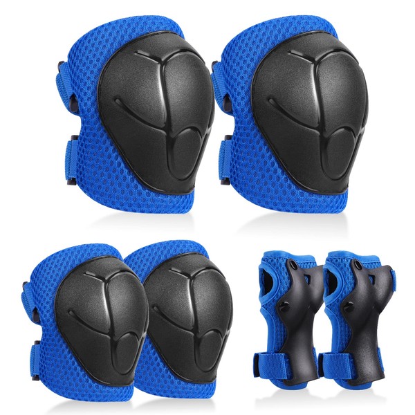 KUYOU Kids Knee Pads Set,6 in 1 Kit Protective Gear Knee Elbow Pads with Adjustable Wrist Guards Toddler Children Protection Safety for Rollerblading BMX Bike Bicycle (Bule)