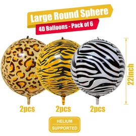 6PCS Safari Animal Pattern Balloons, 22Inch Large Foil Round Mylar Balloons Giraffe Zebra Leopard Print for Kids Woodland Baby Shower Zoo Safari Jungle Theme Birthday Party Decorations
