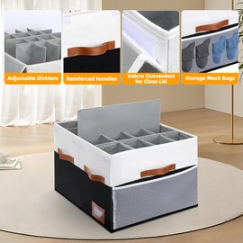 Supowin Shoe Organizer for Closet, Foldable Shoe Storage Bins with Lid & Adjustable Dividers, Fabric Shoe Box Storage Containers with Four Reinforced Handles, Fits 16 Pairs, 1 Pack, Black & White