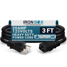 IronBox Electric 5-20P to C19 Power Cords - 20A, 125V, 12/3 SJT - UL Listed Extension Cable Adapter - Power Supply Cables- Heavy Duty Plug and Cord for Computer, PDU, Data Centers & More (3ft, Molded)