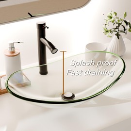YIMAI Tempered Glass Vessel Sink Bathroom, 20.8"x13.7" Oval Clear Above Counter Sink Bowl, Smooth Easy-Clean Art Basin with Matte Black Faucet & Pop-Up Drain