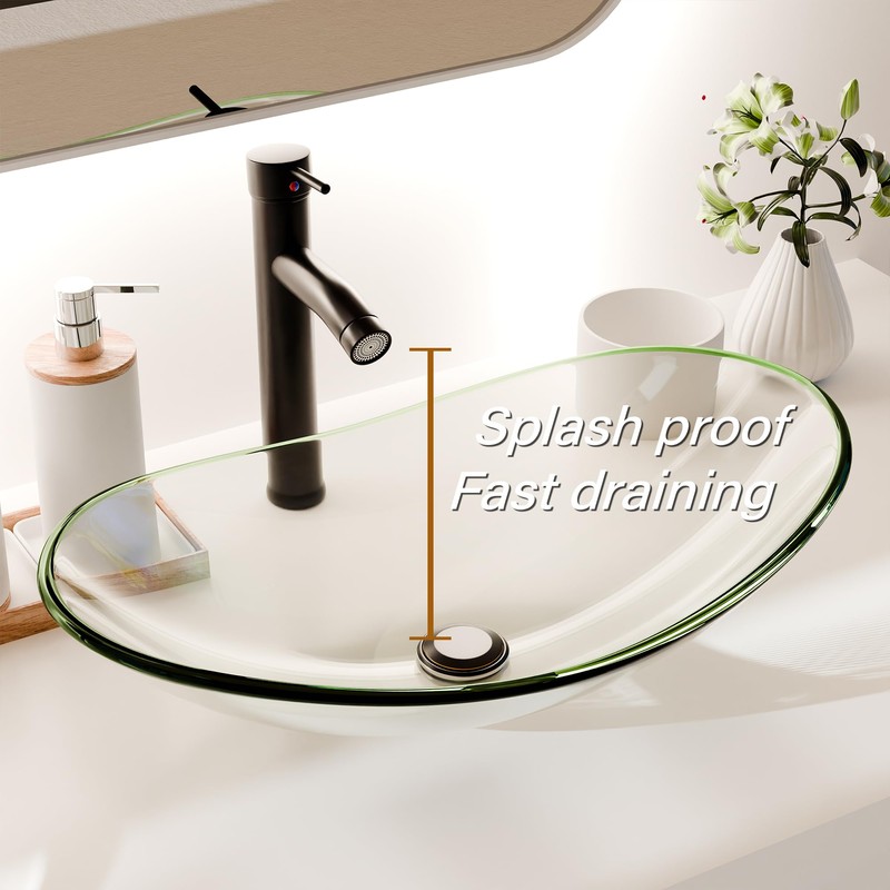 YIMAI Tempered Glass Vessel Sink Bathroom, 20.8"x13.7" Oval Clear Above