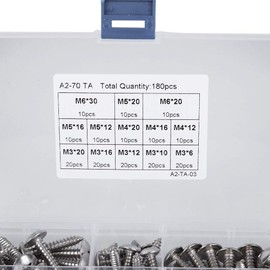 180pcs M3 M4 M5 M6 Stainless Steel Flat Head Self Tapping Screw Assortment Set, Drive Sheet Metal Screws, Countersunk Assortment Screws, Self Tapping for Multiple Purposes